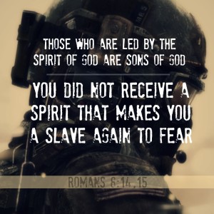 Closeup of a soldier with a scripture from Romans about fear.